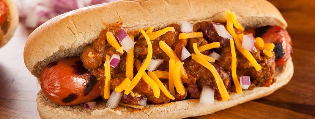 Coney hotdog on wooden countertop