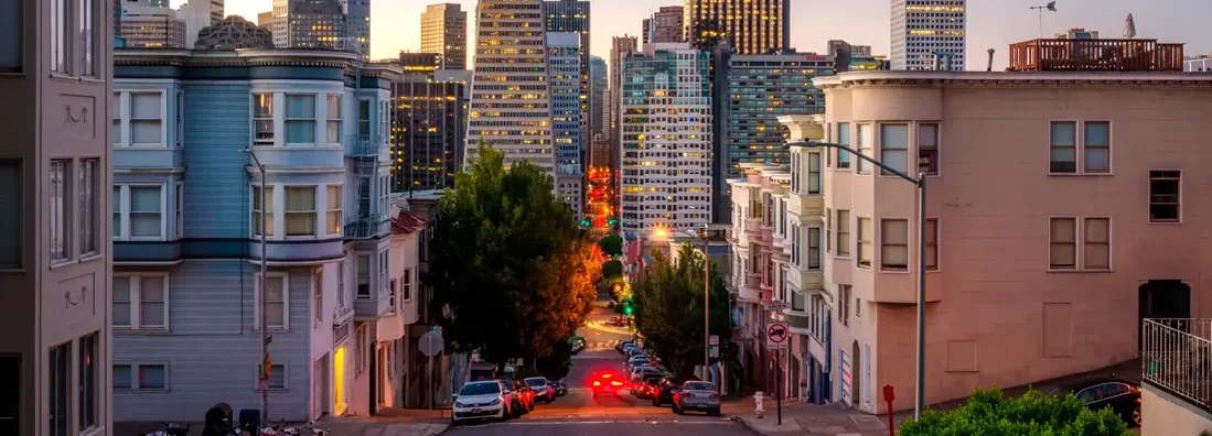 Downtown San francisco at sunrise. Find San Francisco, California renters insurance.