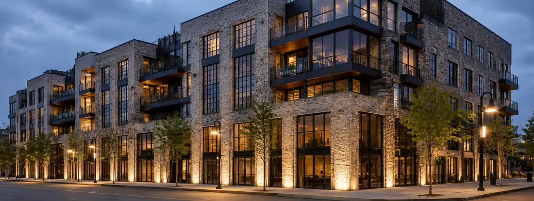 Urban residential complex with contemporary design and evening lighting. Cheapest Condo Insurance Companies of 2026.