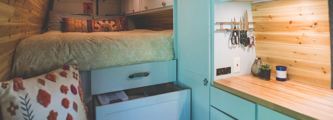 Living space of a converted van. Find van conversion service insurance.
