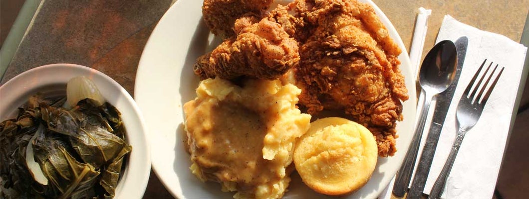 Soul food - Fried Chicken, Mashed Potatoes, Collard Greens and Cornbread