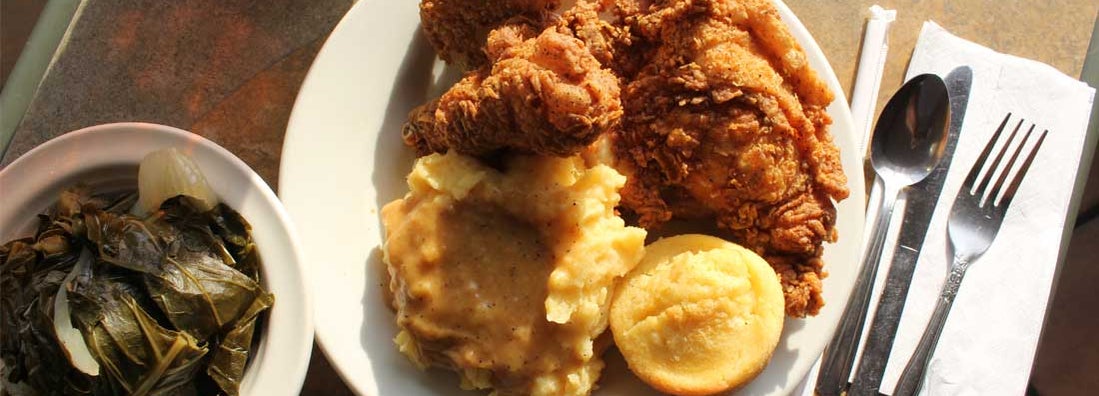 Soul food - Fried Chicken, Mashed Potatoes, Collard Greens and Cornbread