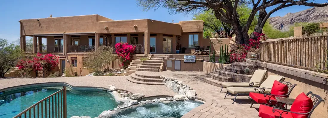 Swimming pool with terraced patio. Find Tempe, Arizona homeowners insurance.
