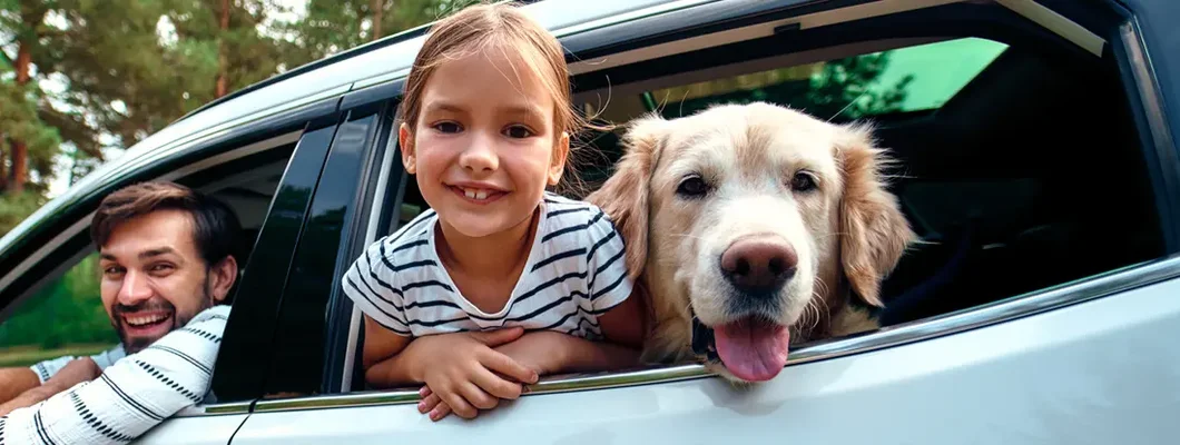 Girl with her dog and parents go to the weekend cheerfully looking out of the car window. Find Bethany, Oregon car insurance.