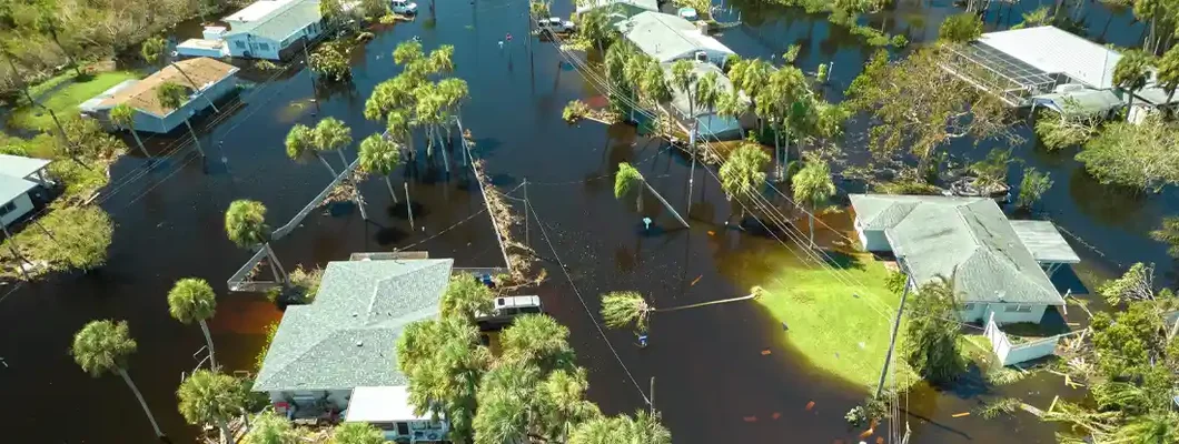Hurricane Ian flooded houses in Florida residential area. FEMA Flood Insurance Rate Map. 