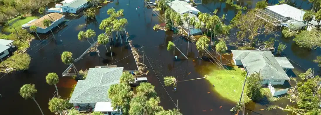 Hurricane Ian flooded houses in Florida residential area. FEMA Flood Insurance Rate Map.