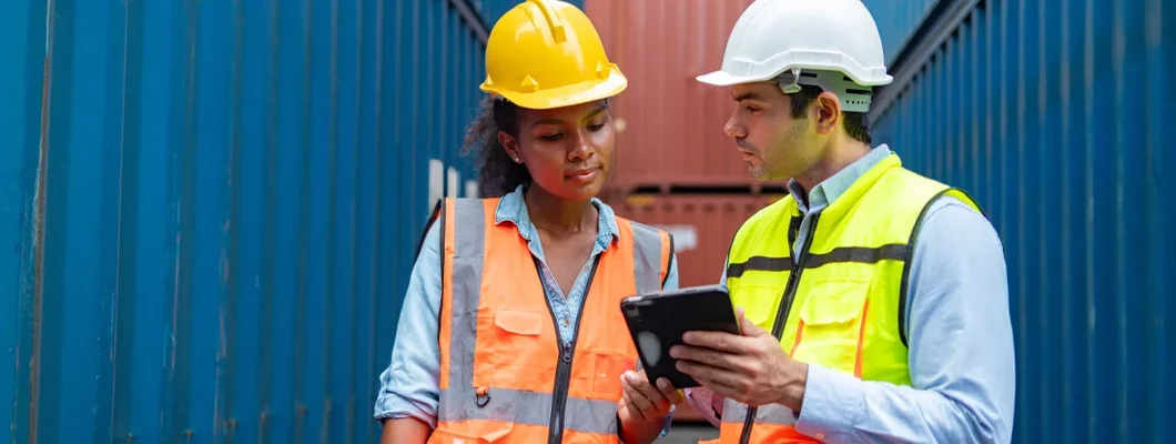 Industrial Workers Discussing Over Tablet in Container Area. Find Employers Liability Insurance.