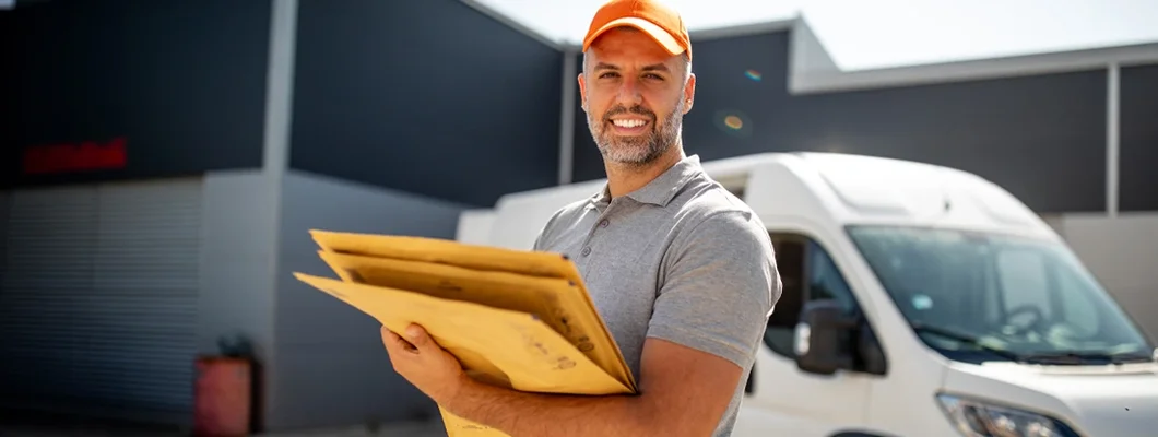 Delivery worker in front of commercial van. Arizona Commercial Vehicle Insurance.