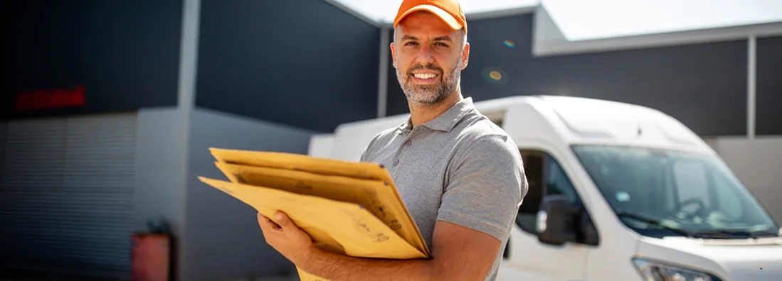 Delivery worker in front of commercial van. Arizona Commercial Vehicle Insurance.