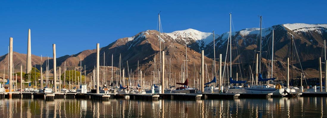 Sailboats docked in a marina on the Great Salt Lake in Utah. Find Utah boat insurance.