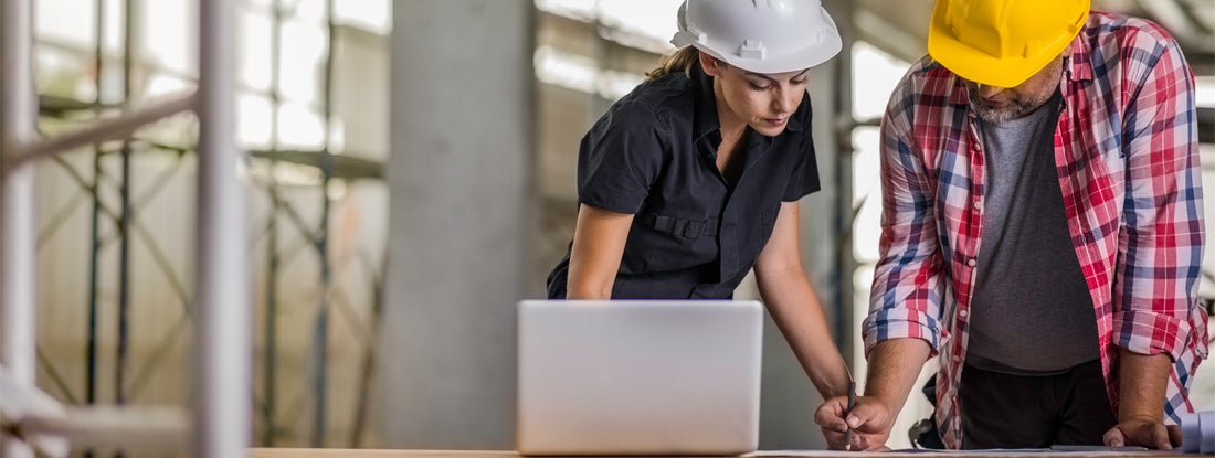 Architect and engineer examining blueprints