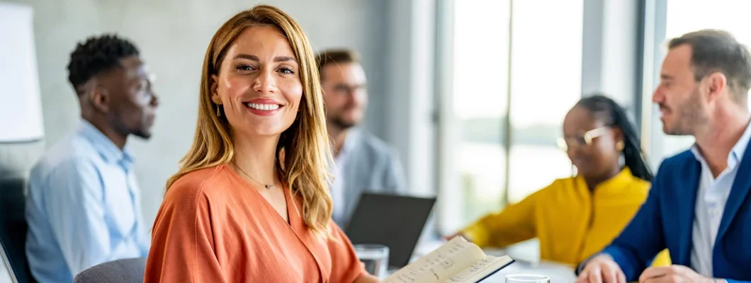 Business woman in the office with her team in the background.  Find Business Health Insurance.