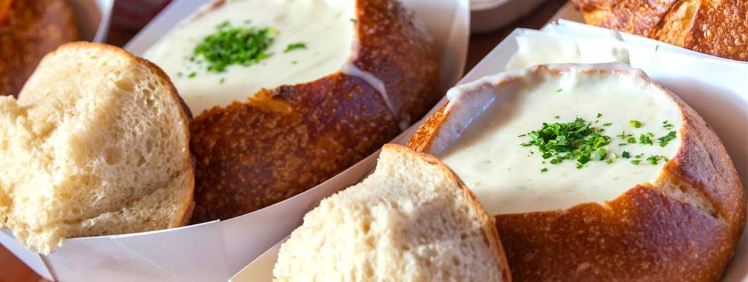 Clam chowder over a San Francisco restaurant counter