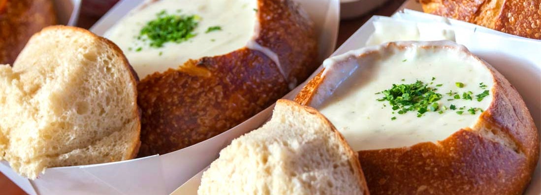 Clam chowder over a San Francisco restaurant counter