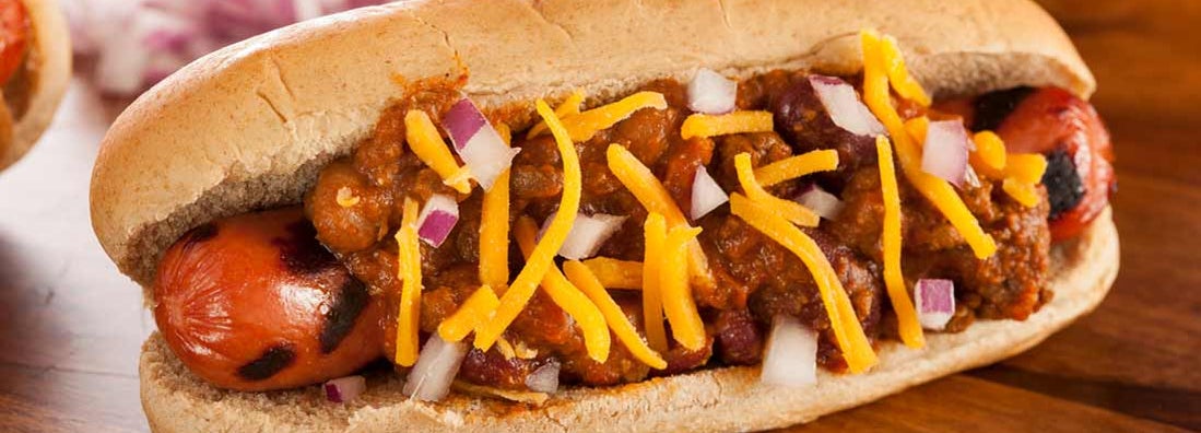 Coney hotdog on wooden countertop