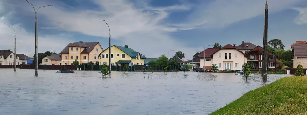 Flooded streets of neighborhood. Find Maine Flood Insurance.