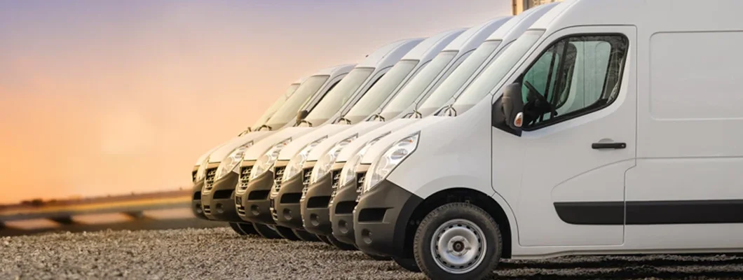 Commercial delivery vans in row. Find Connecticut Commercial Vehicle Insurance.