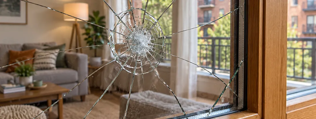 Cracked-window scene of a furnished apartment living room. Does Renters Insurance Cover Broken Windows in 2026?