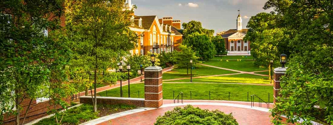 Buildings at John Hopkins University in Baltimore, Maryland.