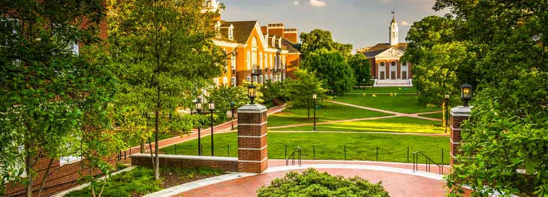 Buildings at John Hopkins University in Baltimore, Maryland.