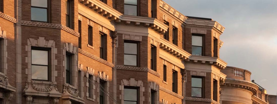 Detail view of Boston's famous brownstone architecture. Find Massachusetts condo insurance.