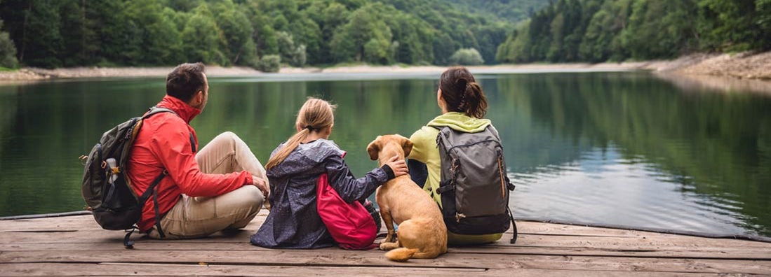 Family with dog resting on a pier and looking at lake and foggy mountains. Converting your term life insurance to whole life insurance.