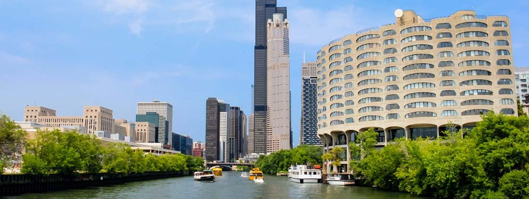 Condominiums and Willis Tower from the Chicago River in Chicago, Illinois. Find Illinois condo insurance.