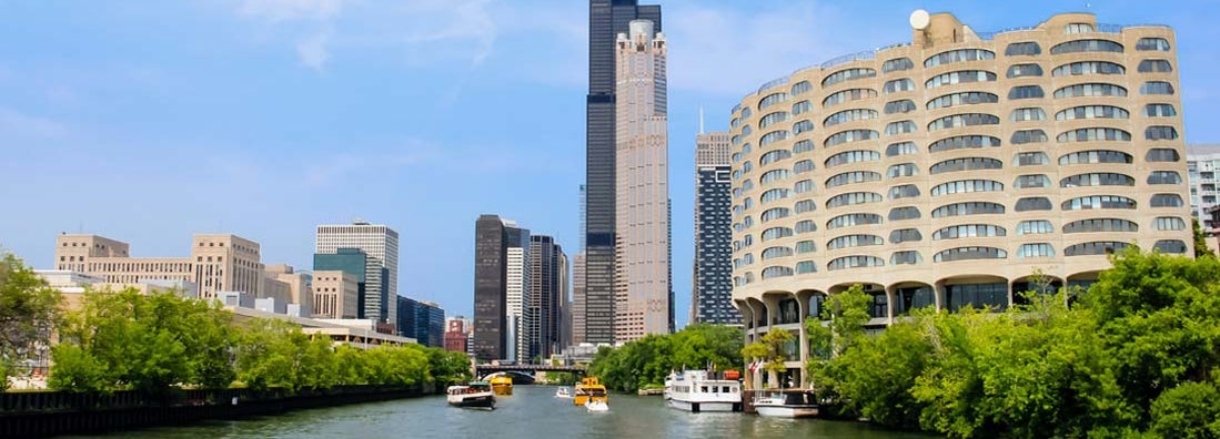 Condominiums and Willis Tower from the Chicago River in Chicago, Illinois. Find Illinois condo insurance.