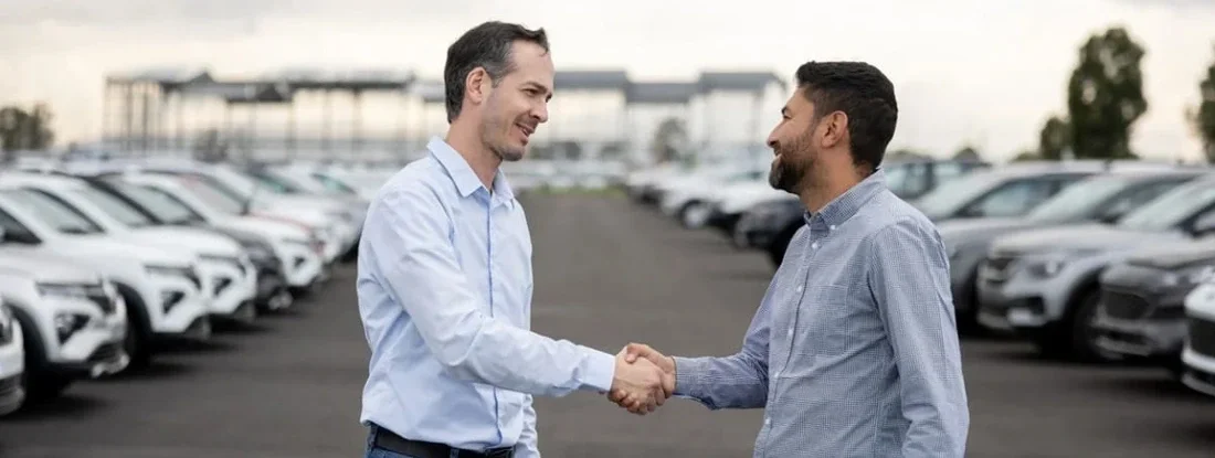 Salesman handshaking with a client after buying a car. How to Buy a Repo Car.