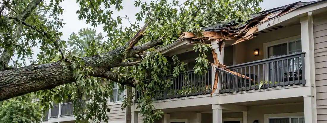 Tree fallen in front of residential building after storm. Does Renters Insurance Cover Property Damage in 2026?