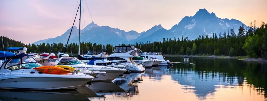 Boats on the lake at sunset with Grand Teton Mountains in the Background. Find Wyoming Boat Insurance.