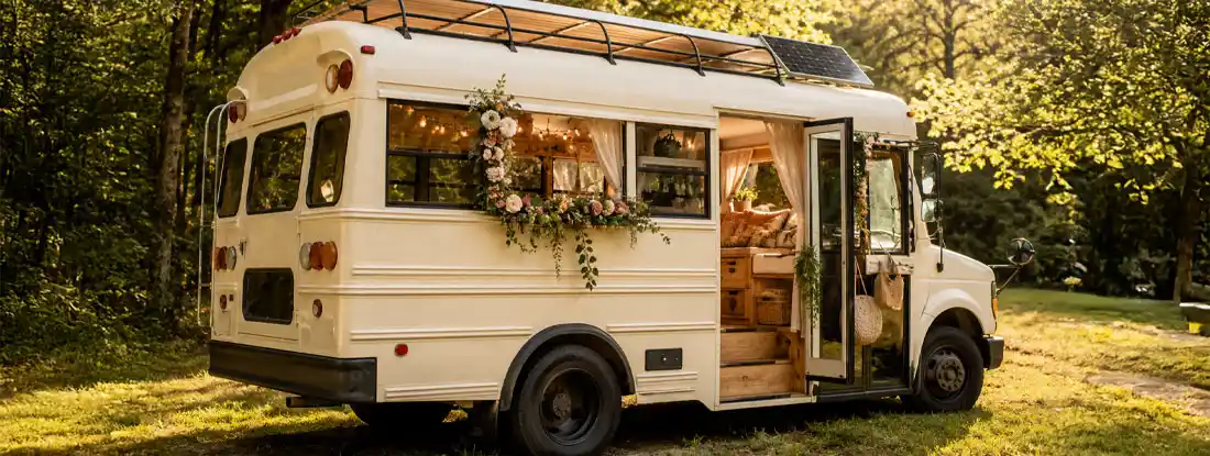 Skoolie with a warm bohemian interior and golden-hour woodland setting. Find Converted School Bus Insurance.