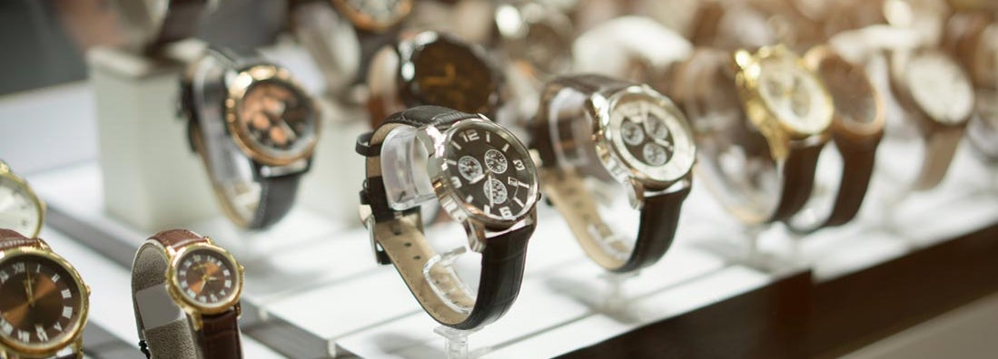 Luxury Watches at showcase in watch shop