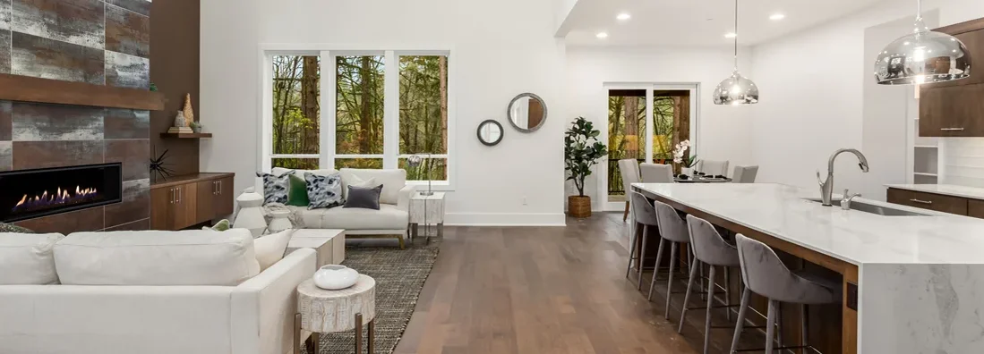 Kitchen and living room in newly constructed luxury home. Presque Isle, ME Homeowners Insurance.