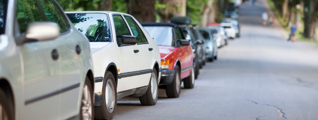 Street with long row of cars parked along a tree avenue