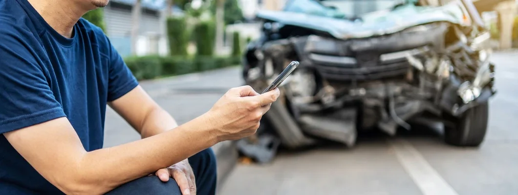 Man using phone to call his insurance agent after traffic accident with a background of the crashed car. How to file Car Insurance Claims.