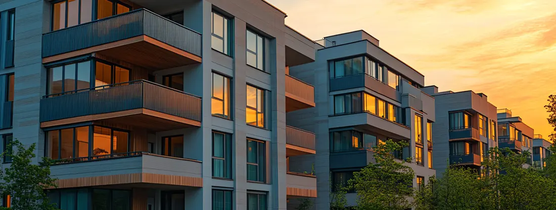 A row of condominium buildings with balconies and a sunset in the background. Condo Hazard Insurance in 2026: What It Is and What It Covers.