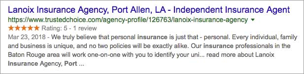 Lanoix Insurance Consumer Rating on Google