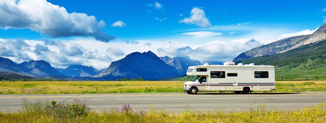 RV Camper vehicle at Glacier National Park, Montana. Find Montana RV Insurance.