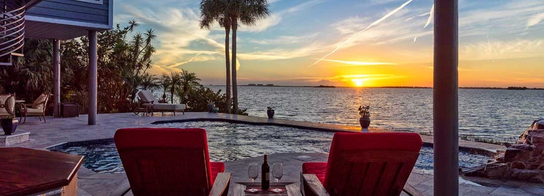 Beautiful view of swimming pool at sunset