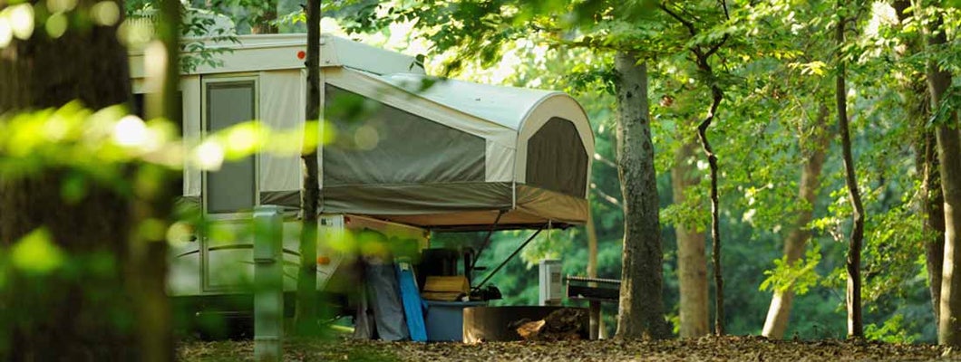 A single pop-up tent trailer in a campground. Pop Up Tent Trailer Insurance.