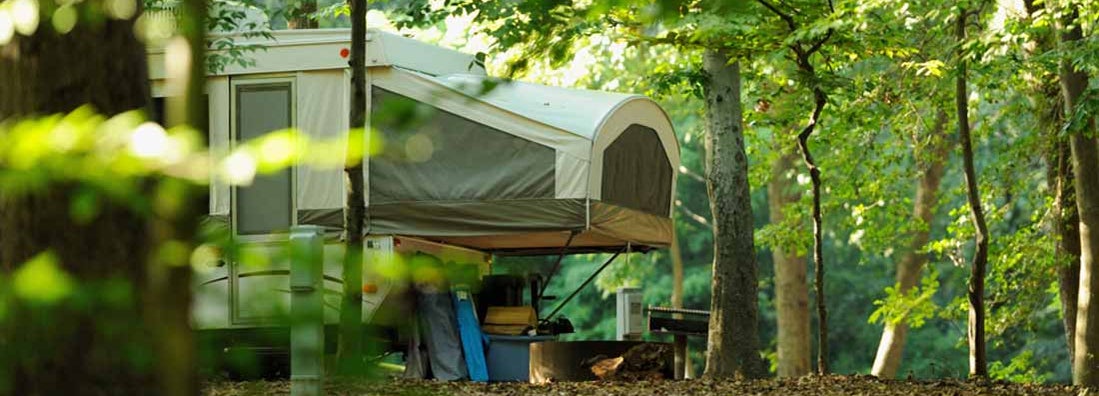 A single pop-up tent trailer in a campground. Pop Up Tent Trailer Insurance.