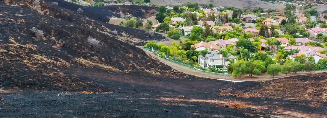 Wildfire burn area to the edge of suburban neighborhood in Southern California. Is Homeowners Insurance Going Up Because of Climate Change?