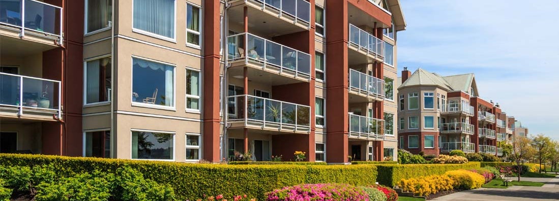 Modern condominium buildings. Find Indiana condo insurance.