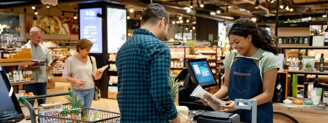 Cashier working at the supermarket registering products. Find Grocery Store Insurance.