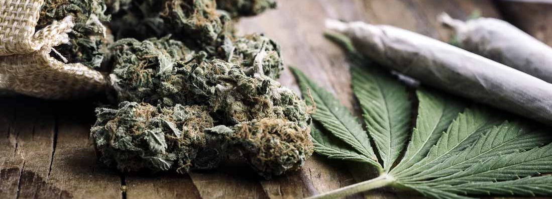 Medical marijuana buds with marijuana joints, paper on wooden table