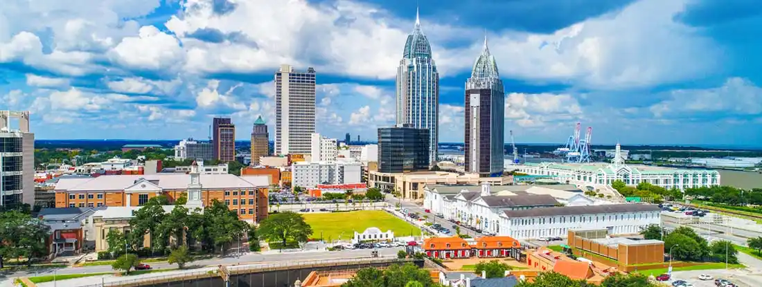 View of the downtown skyline in Mobile, Alabama. Alabama Commercial Property Insurance.