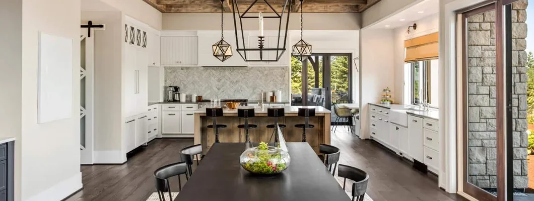 Dining room and kitchen in new luxury home. South Portland, Maine Homeowners Insurance.