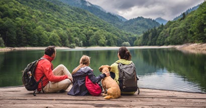 Family with dog resting on a pier and looking at lake and foggy mountains. Converting your term life insurance to whole life insurance.