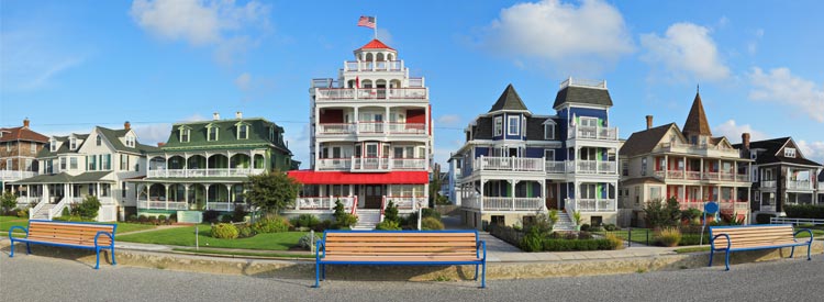 Victorian architecture along the promenade in the historic district of Cape May, New Jersey